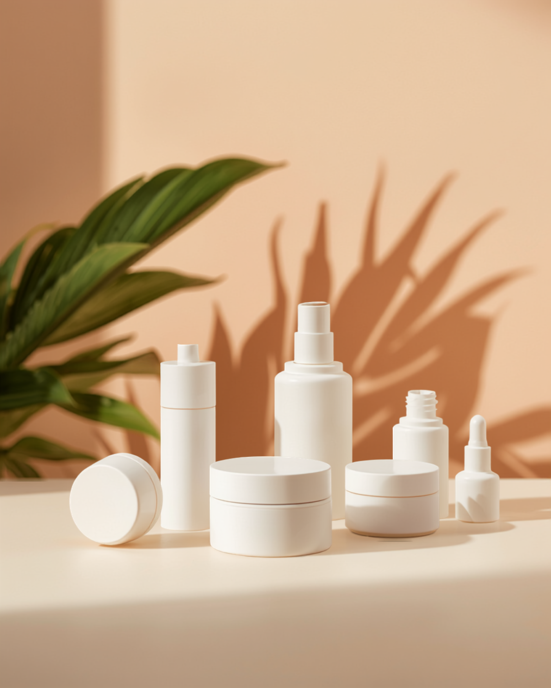 Linha de cosméticos de marca própria — potes e frascos brancos